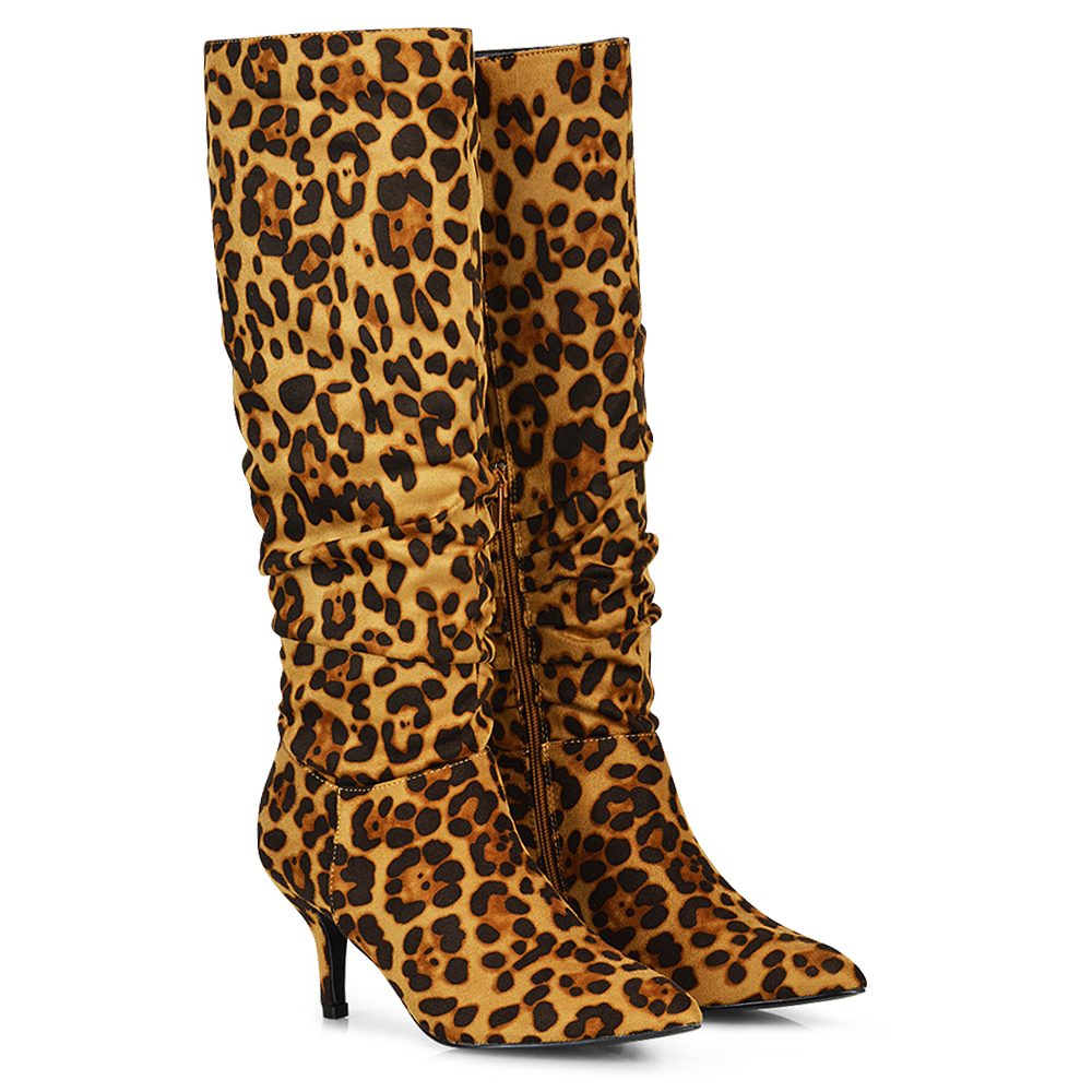 Sian Pointed Toe Knee High Ruched Stiletto High Heeled Boots In Leopard Faux Suede