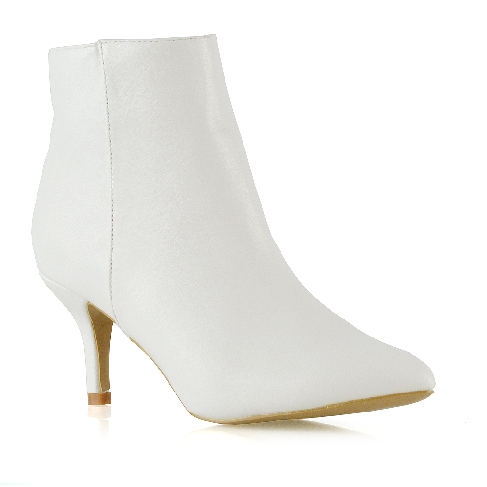 Anastasia Low Mid Kitten High Heel Stiletto Zip-Up Ankle Boots In White Synthetic Leather