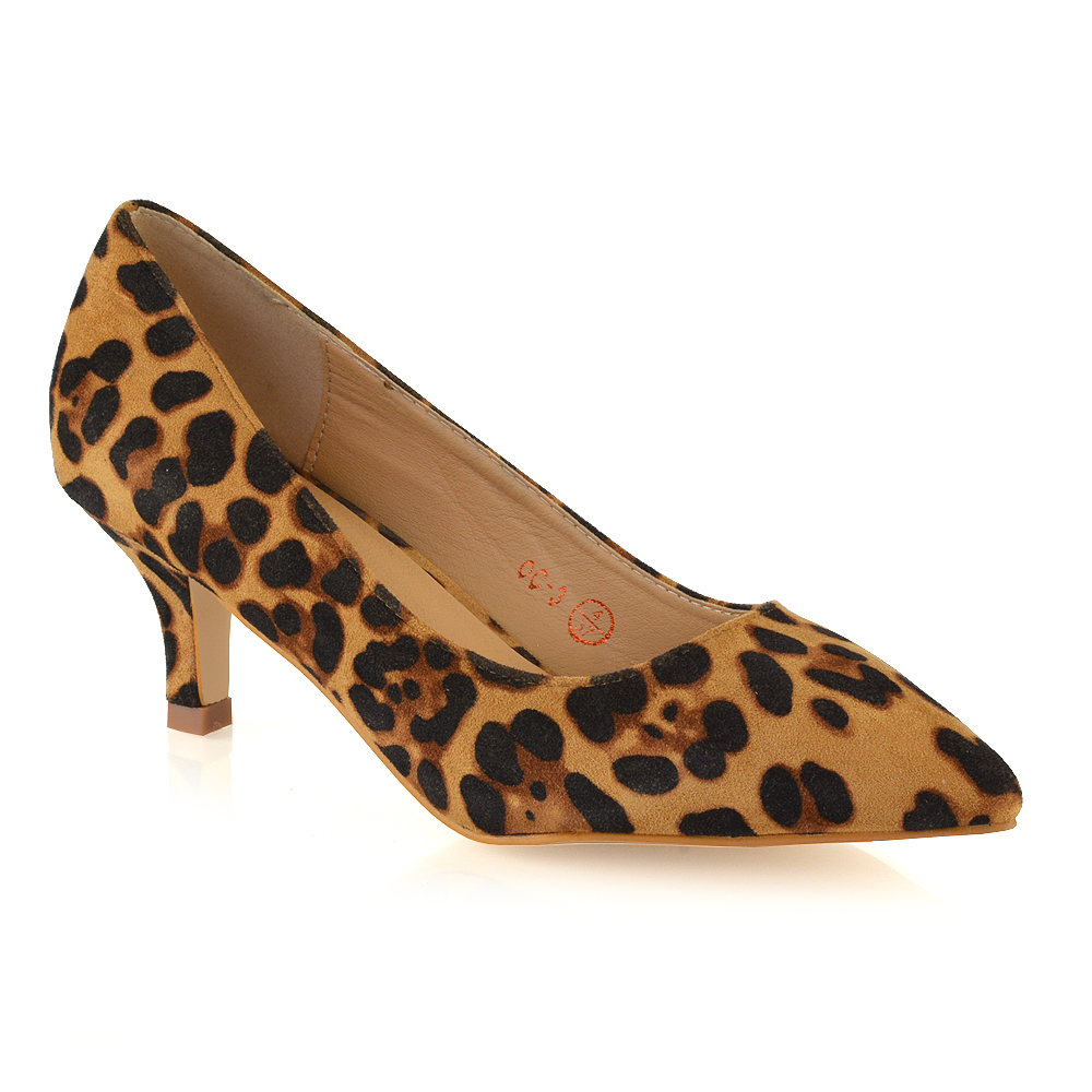 Cali Pointed Toe Slip On Low Stiletto Kitten High Heel Court Shoes In Leopard