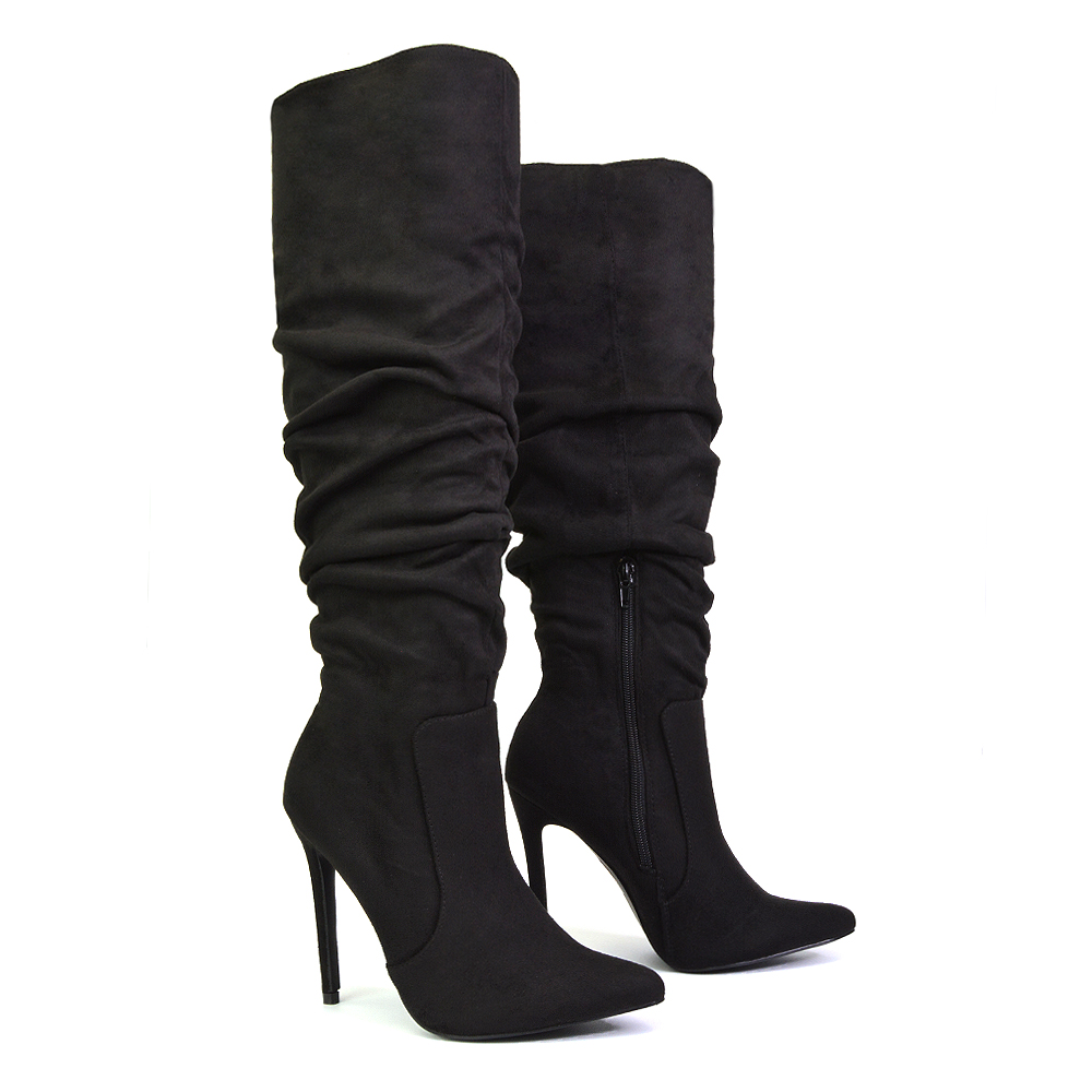 Milani Ruched Pointed Toe Stiletto High Heel Knee High Boots In Black Faux Suede