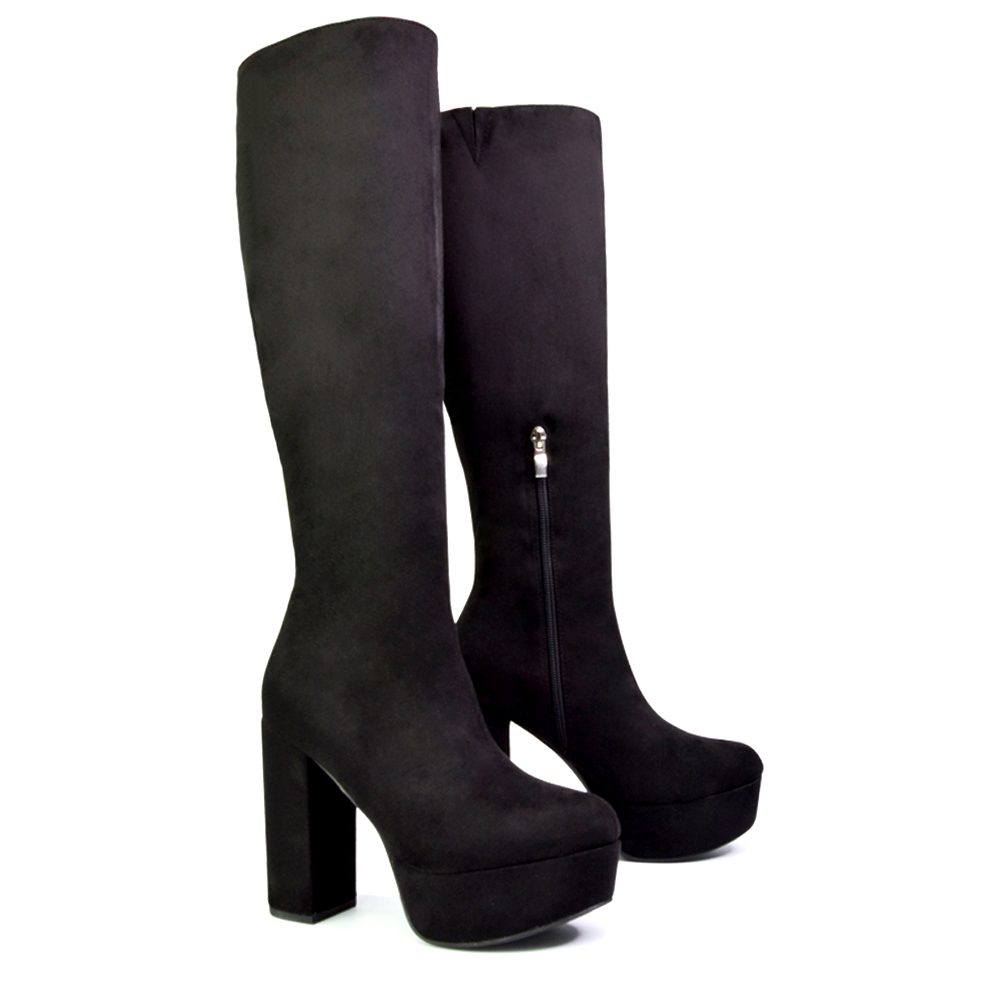 Nash Platform Knee High Boots With Chunky Block High Heel In Black Faux Suede