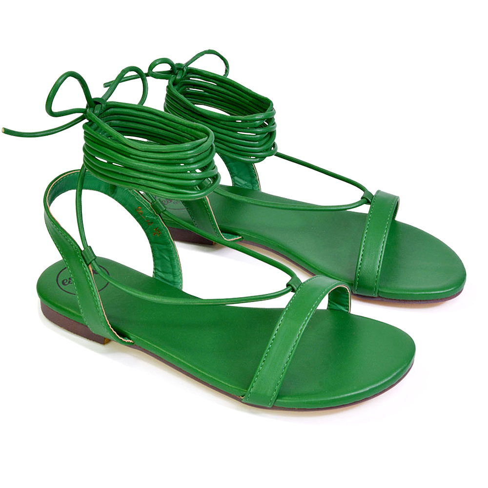 Arlie Ankle Strappy Lace Up Beach Holiday Flat Sandals Summer Shoes In Green