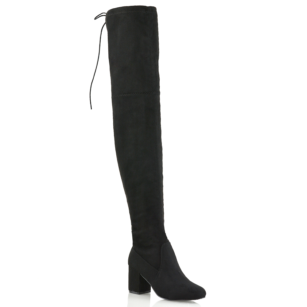 Chrissy Thigh High Block Heeled Over The Knee Boots In Black Faux Suede
