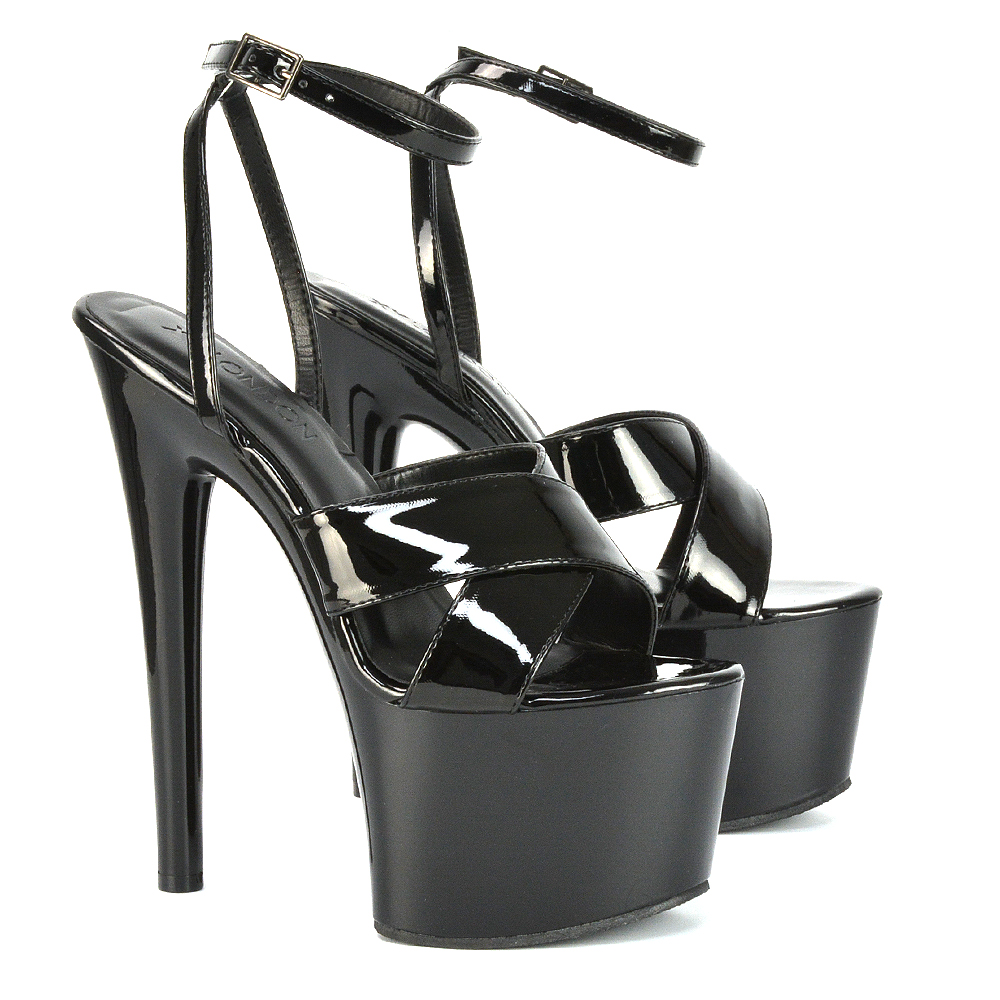 Lylie Cross Over Strappy Platform Shoes Stiletto High Heel Sandals In Black Patent