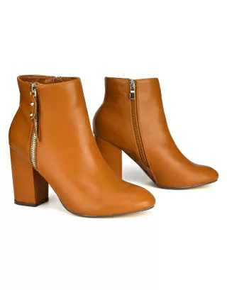 Andrea Zip Up High Block Heel Ankle Boots In Tan Synthetic Leather is $52.99 (22% off)