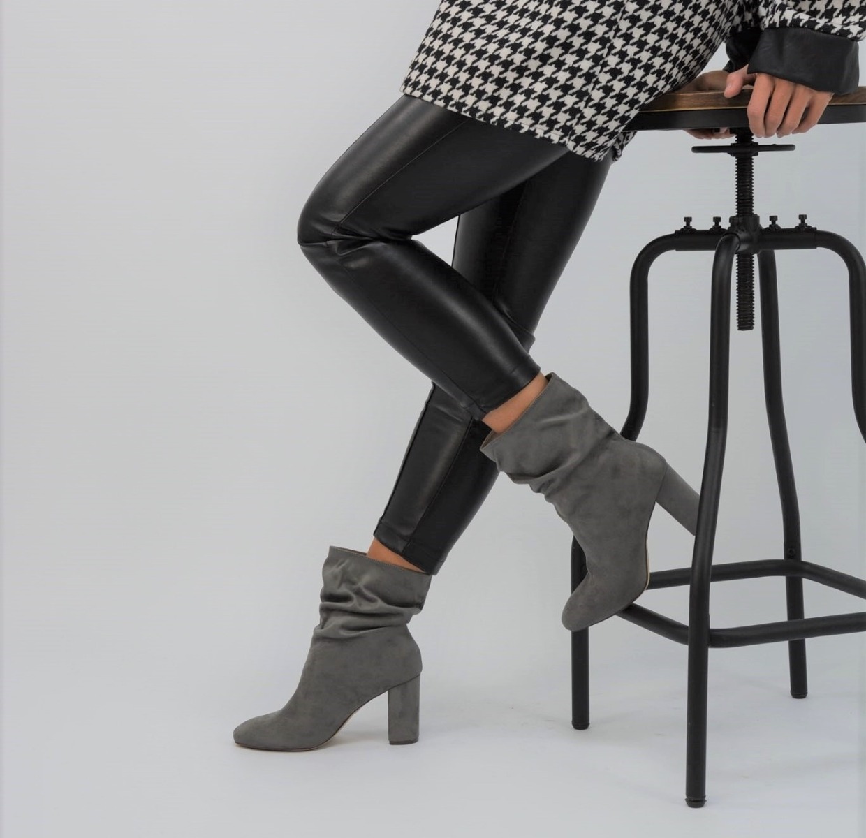 XY London Adelyn Slouch Block Ankle Boots in Grey Faux Suede