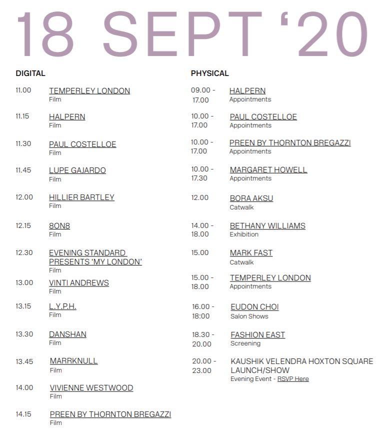 18th September schedule for London Fashion Week September 2020