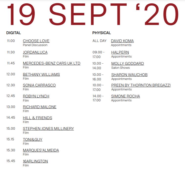 19th September schedule for London Fashion Week September 2020
