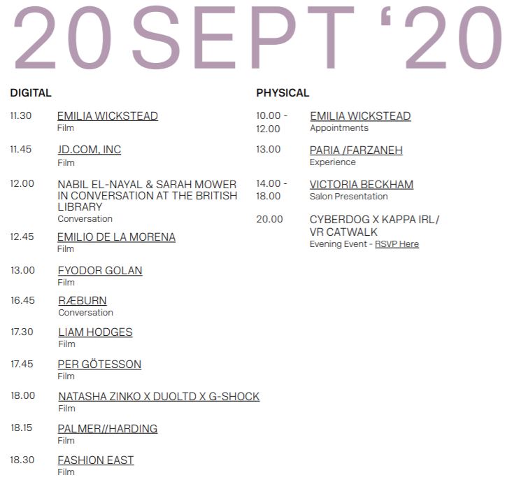 20th September schedule for London Fashion Week September 2020