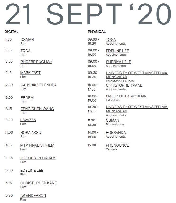 21st September schedule for London Fashion Week September 2020