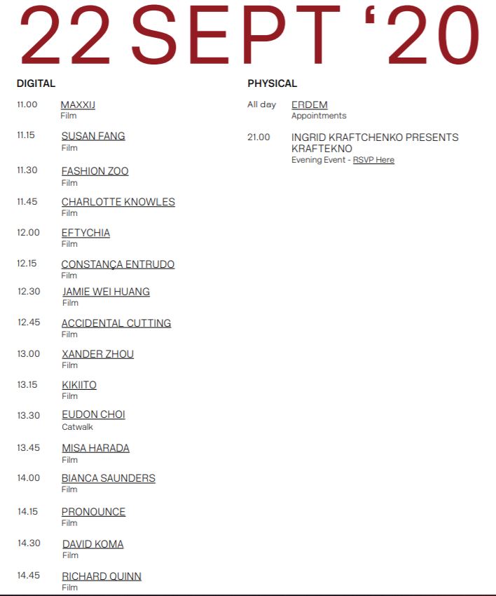 22nd September schedule for London Fashion Week September 2020