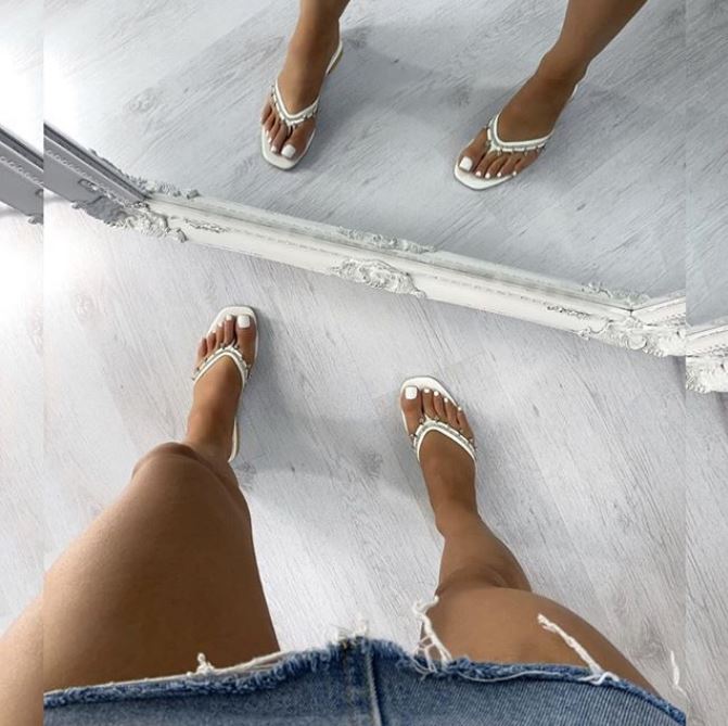 Influencer wearing XY London Alex Flat Diamante Sandals in white