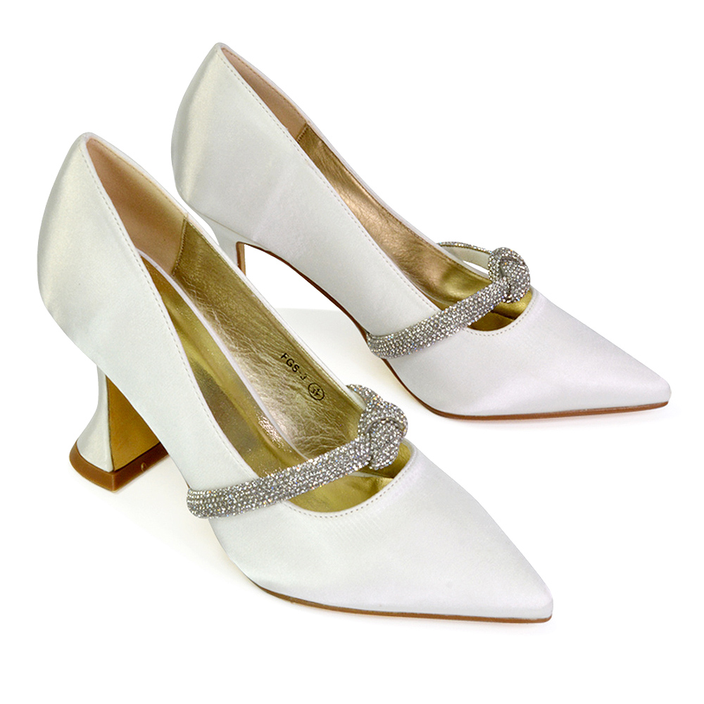 Wedding Shoes Diamante Trim Satin Pointed Mid High Heel in White 