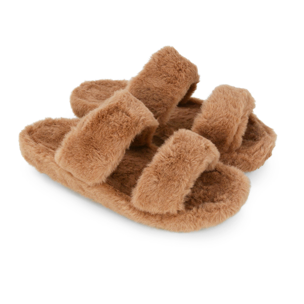 XY London Kiara Fluffy Faux Fur Double Strap Slippers in Taupe