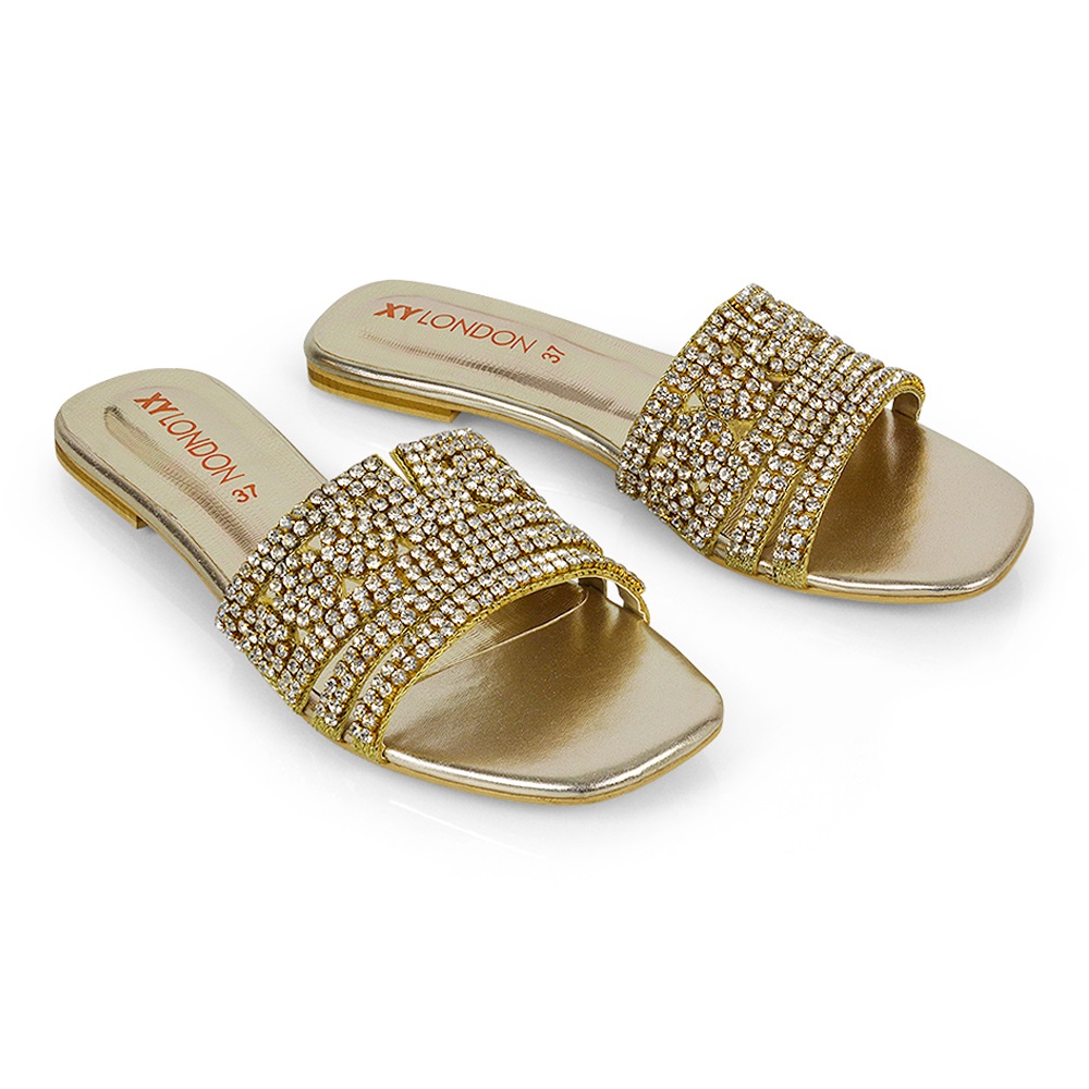 XY London Sam Flat Diamante Sandals in Gold