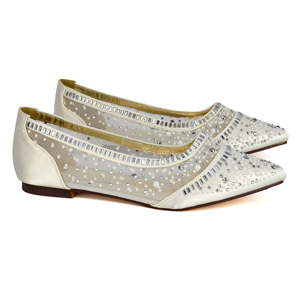 Vivian Pointed Toe Sparkly Diamante Flats in Ivory