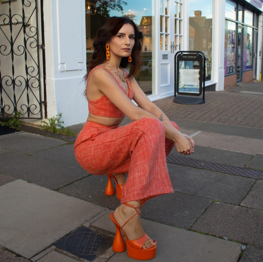Influencer @amiizmus wearing Wide Leg Trousers and Bralette Co-ord with Peep Toe Heels
