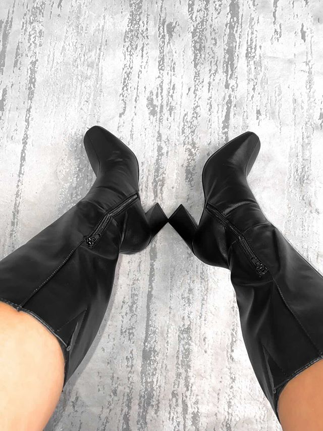 XY London Millicent Long High Black Heel Boots in Black PU
