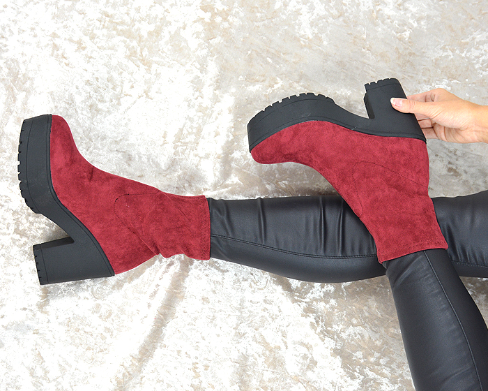 XY London Brandi Chunky Platform Heeled Ankle Boots in burgundy faux suede