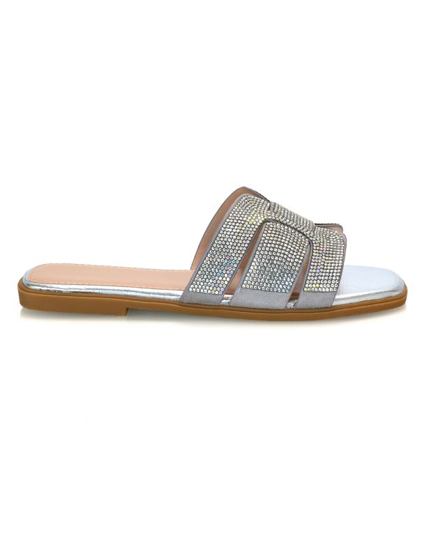 XY London Emmy Diamante Flat Sandals in silver colour