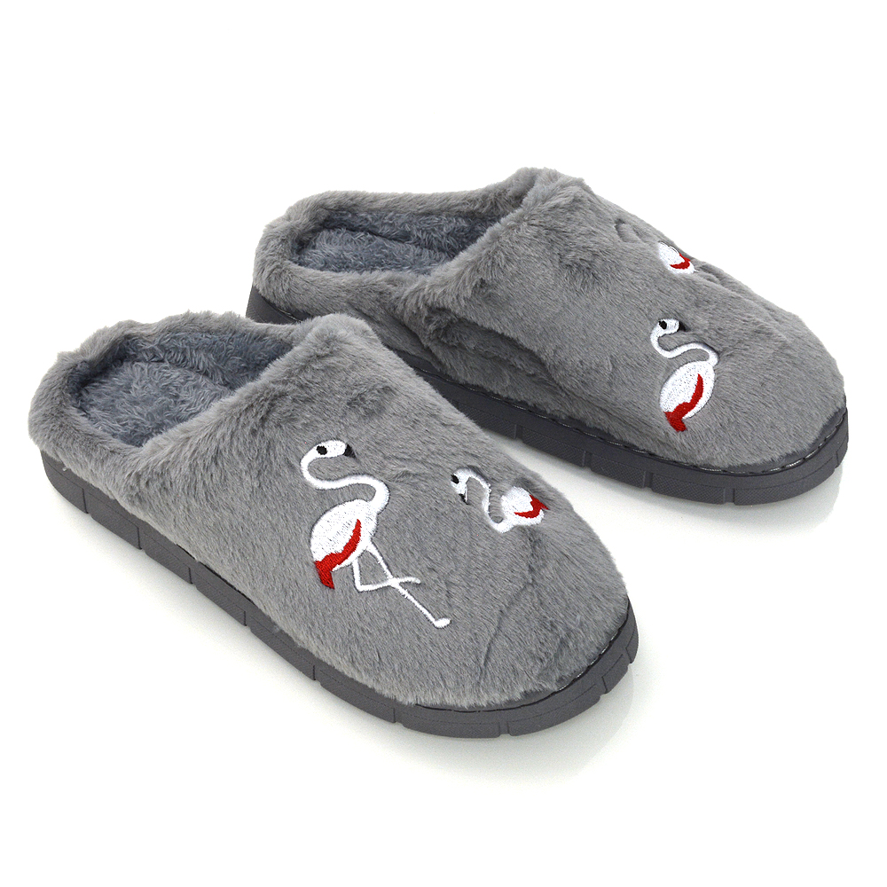 XY London Morgan Fluffy Flamingo Slippers in Grey