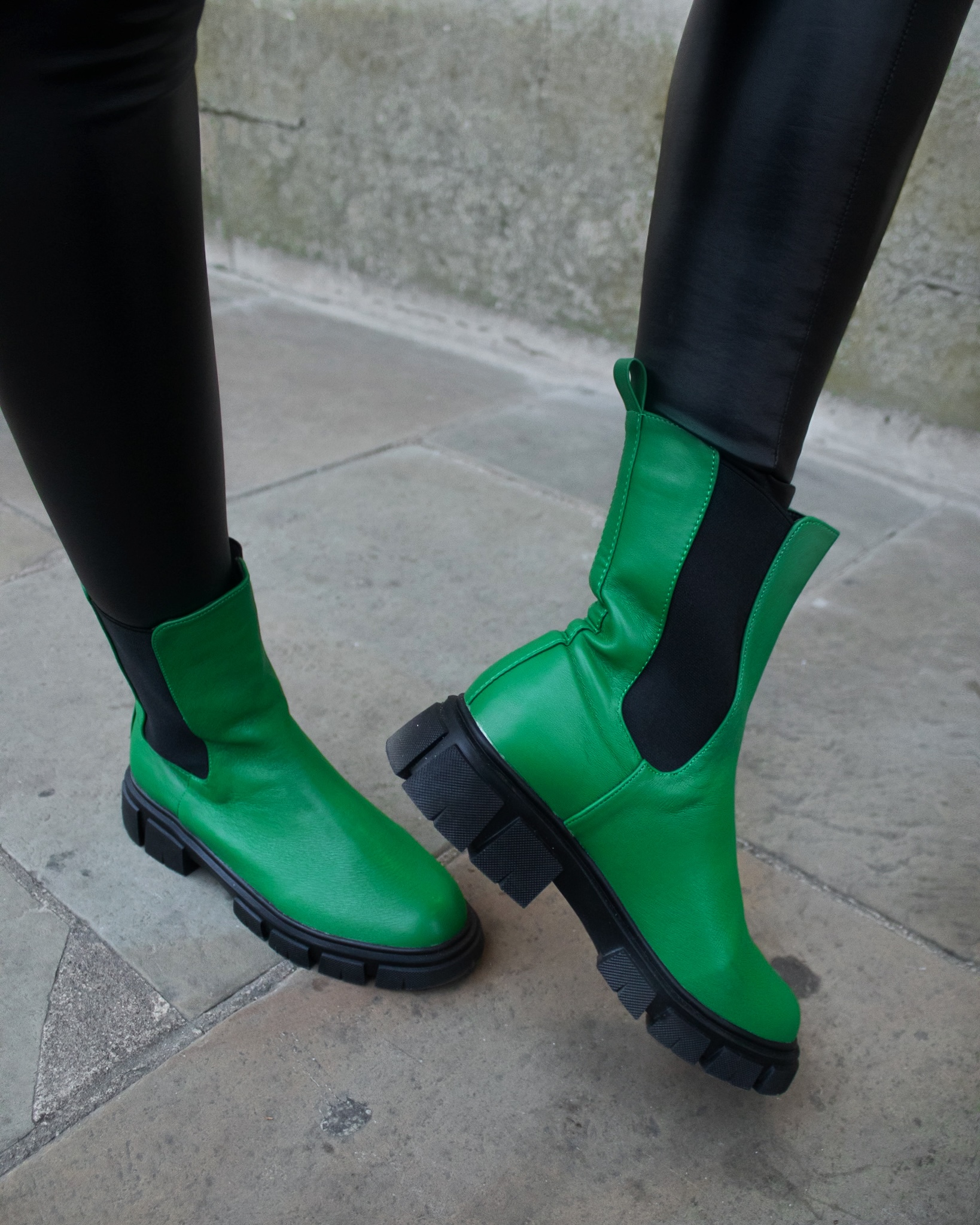 Green chunky flat chelsea boots 