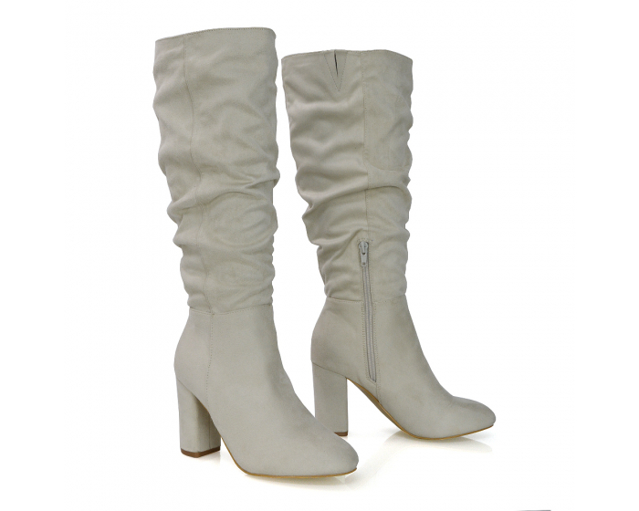 XY London Alana Ruched Knee High Heeled Boots in Grey Faux Suede