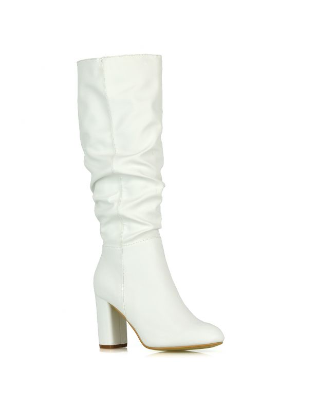 White ruched high heel boots   