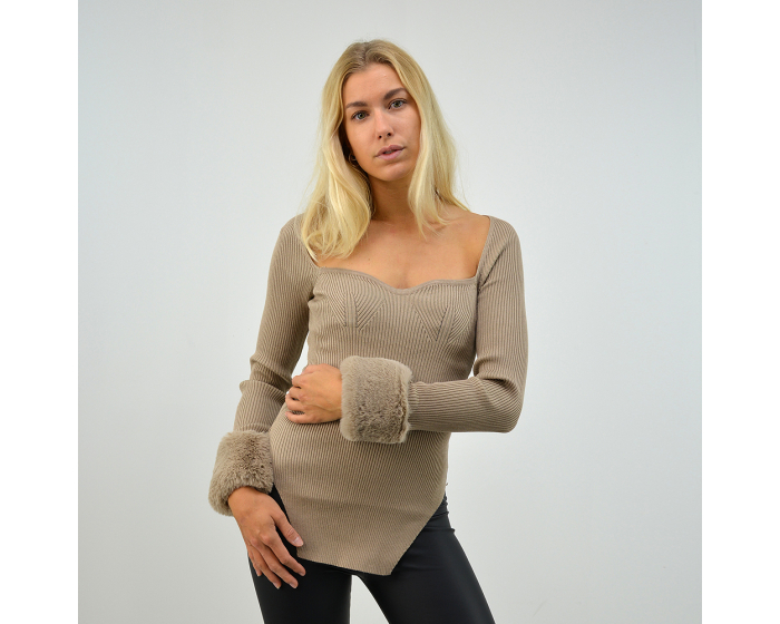 XY London Lexi Ribbed Top in Khaki with faux fur cuffs