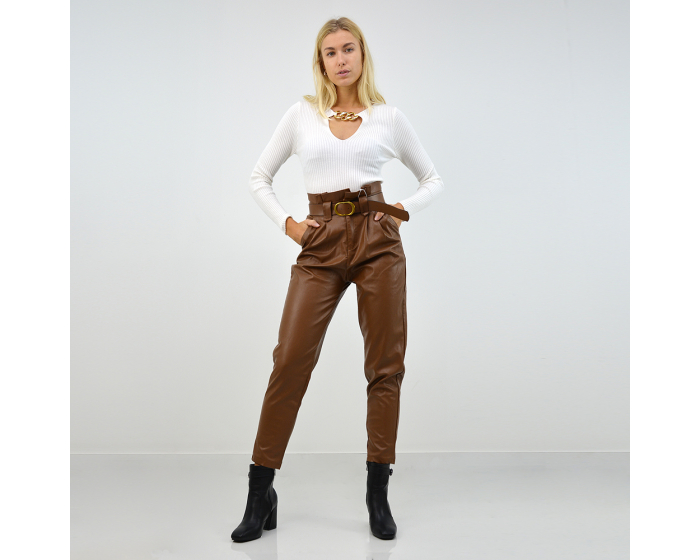 XY London Kennie High Waisted Faux Leather Trousers in Camel