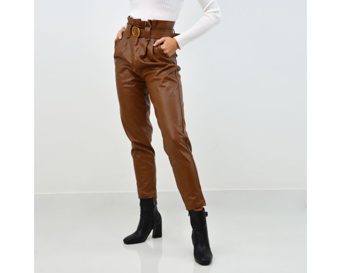 XY London Kennie High Waisted Faux Leather Trousers in camel