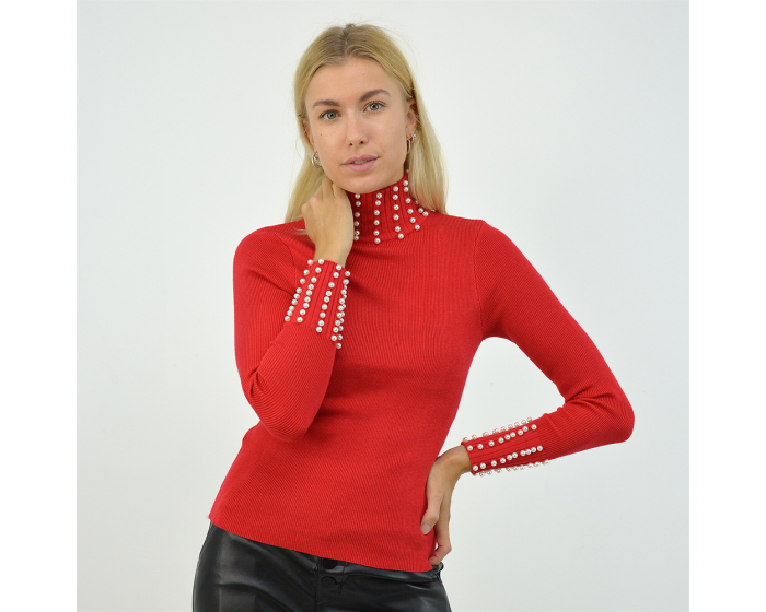XY London Rendall Roll Neck Top with pearl details in Red