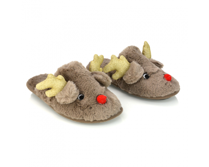 XY London Melody Fluffy Reindeer Slippers in Brown