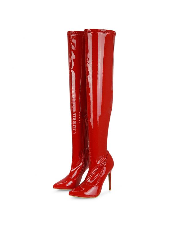 XY London red patent thigh high stiletto boots