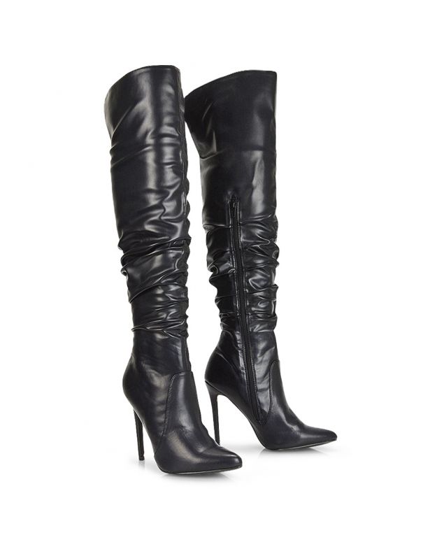 XY London Ruched Knee-High Stiletto Heel Pointed Boots 