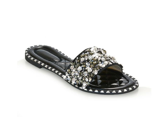 XY London Hailey Diamante Slip On Sandals in black colour