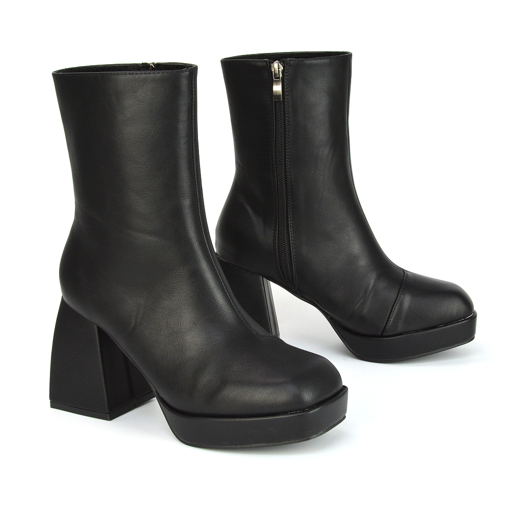 XY London Sylvie Chunky Heel Ankle Boots with Square Toe Platform Booties in Black Synthetic Leather