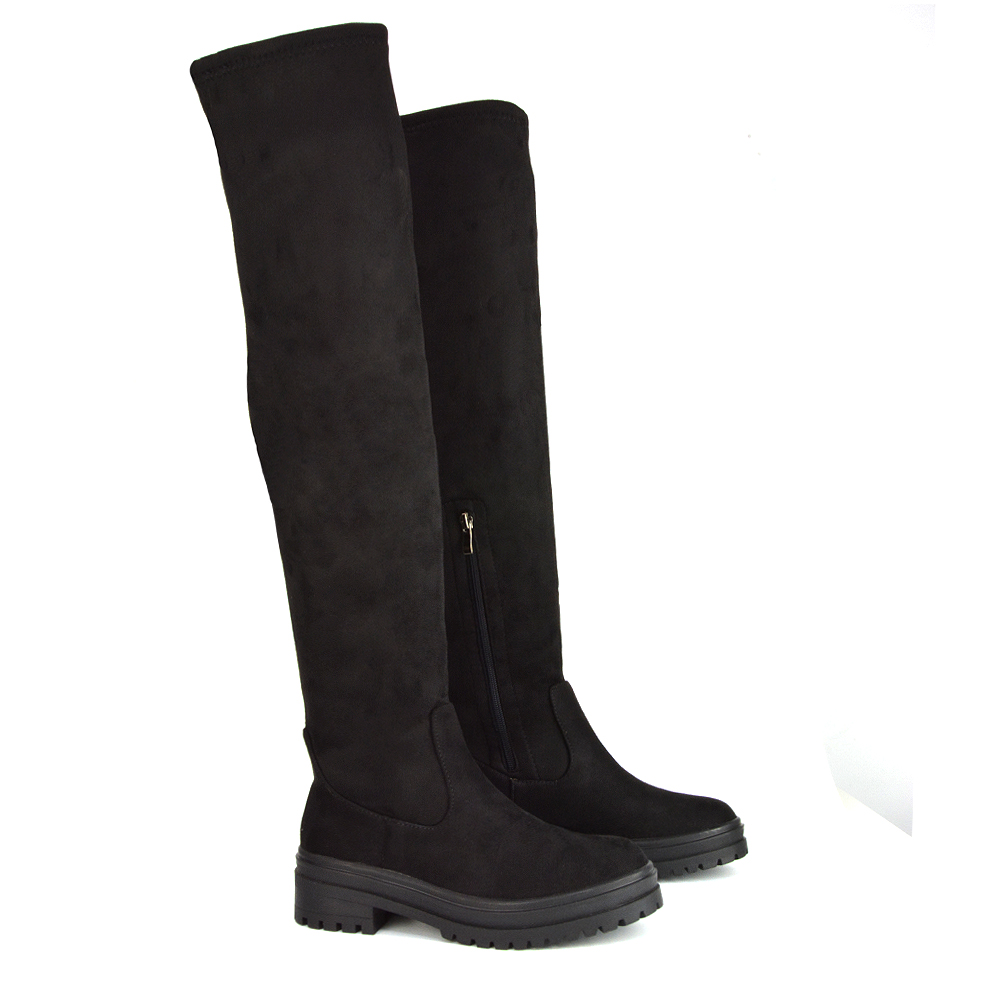 XY London Rosalia Flat Chunky Sole Over the Knee Thigh High Boots in Black Faux Suede