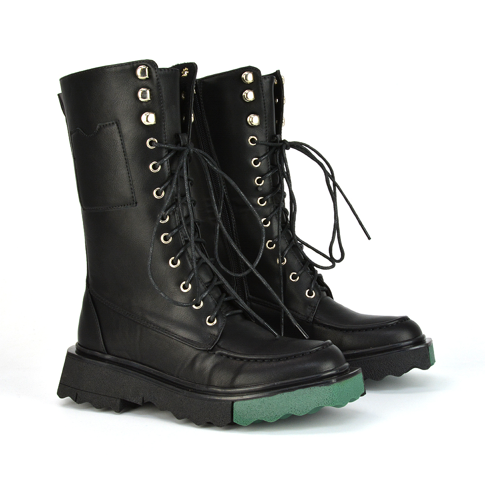 XY London Lace Up Flat Wedge Green Sole Biker Ankle Boots In Black Synthetic Leather