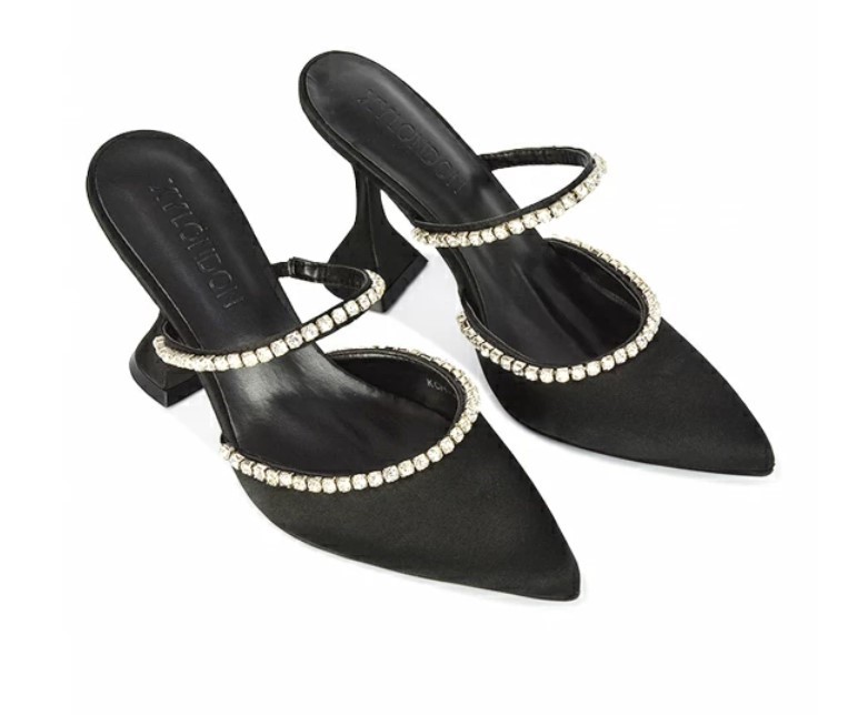 Deena Pointed Toe Diamante Flared High Heel Court Shoe Mule in Black Satin
