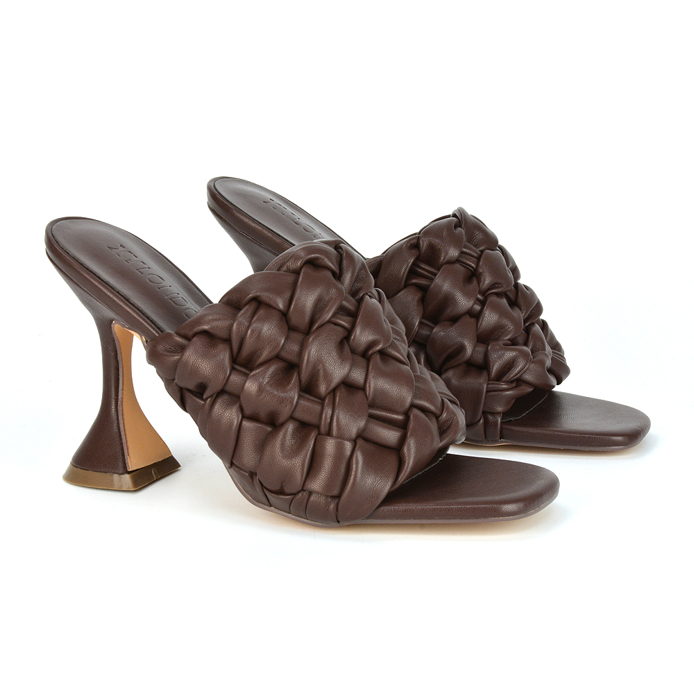 XY London Jaci Woven Strap Square Toe Sculptured Flared Heel Low mid Heel Mules in Brown Synthetic Leather