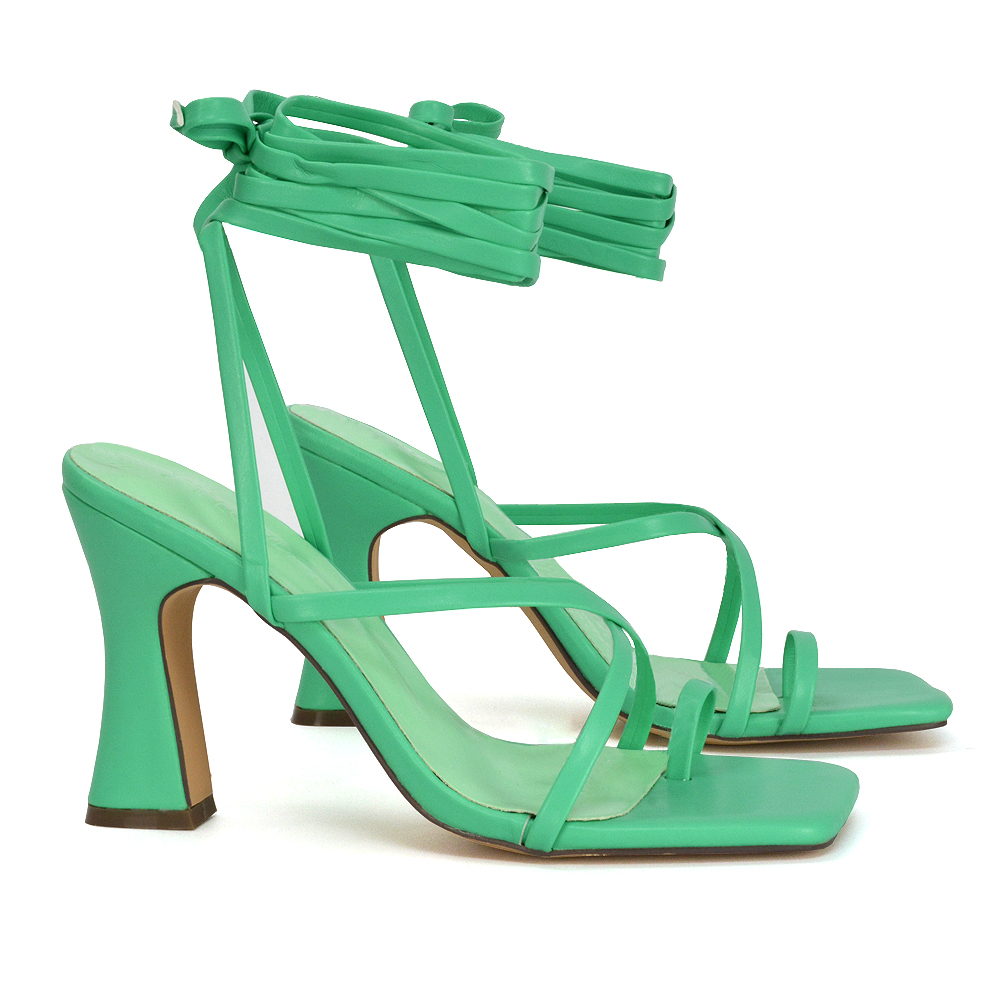 XY London Dylan Square Toe Lace up Strappy Block High Heel Sandals in Green Synthetic