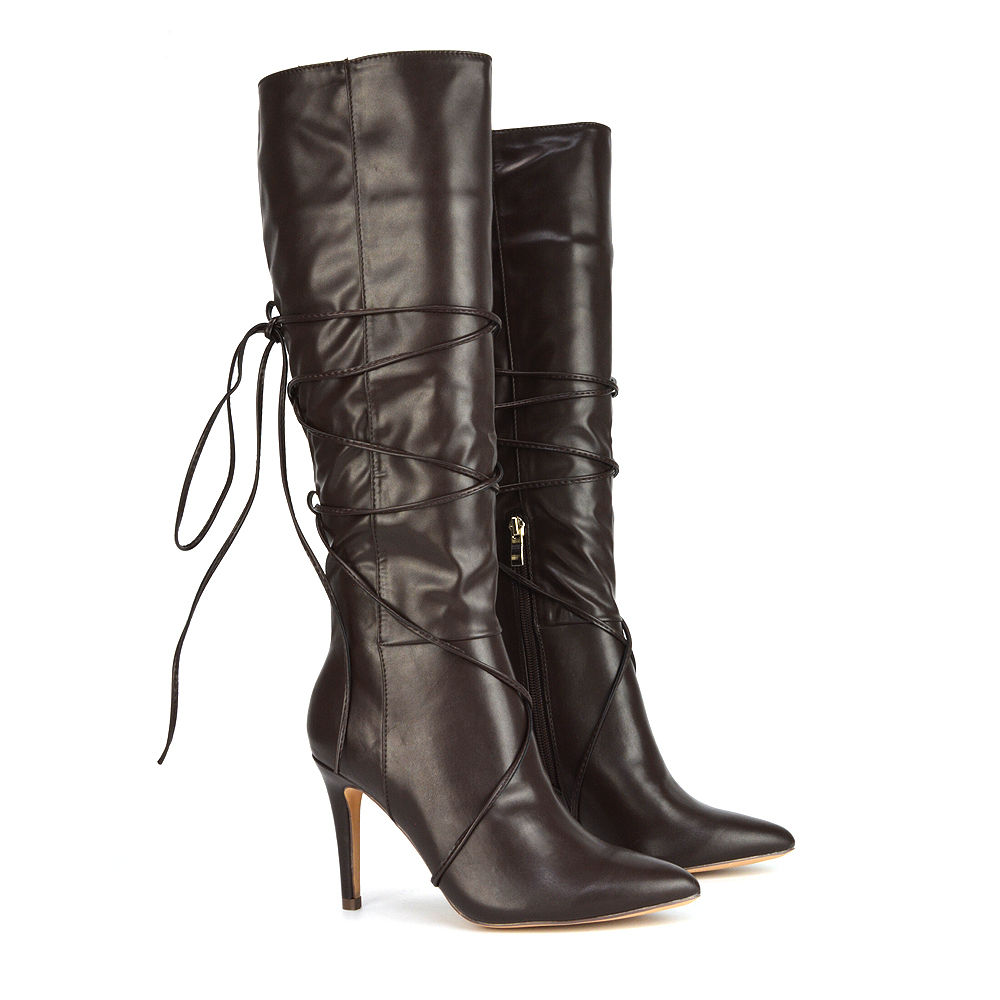 Rebel Pointed Toe Stiletto Heeled Lace Up Knee High Boots in Brown Synthetic Leather