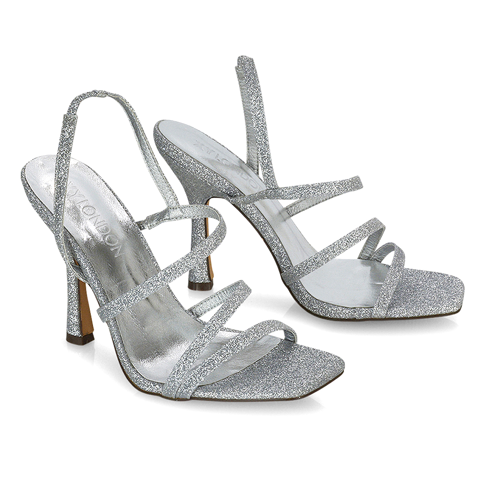 XY London Elanor Square Toe Strappy Curved Heels in Silver 