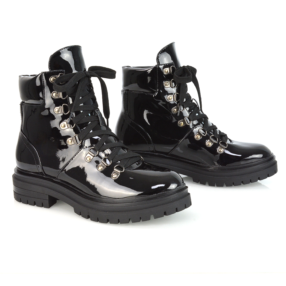  XY London Sage Ankle Biker Boots in Black Patent