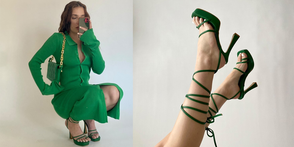 XY London Melrose Toe Post Lace up Straps Square Toe Platform High Heels in Green Synthetic Leather