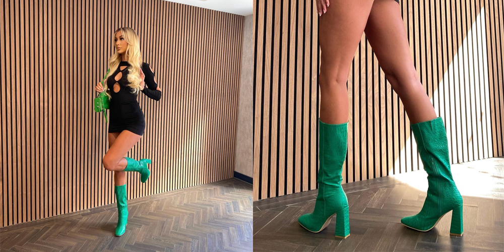 XY London Mina Pointed Toe Knee High Mid-Calf Block Heeled Long Boots in Green 