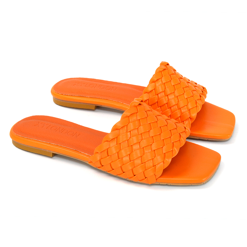 XY London Woven Strap Flat Square Toe Sandal Sliders in Orange Synthetic Leather