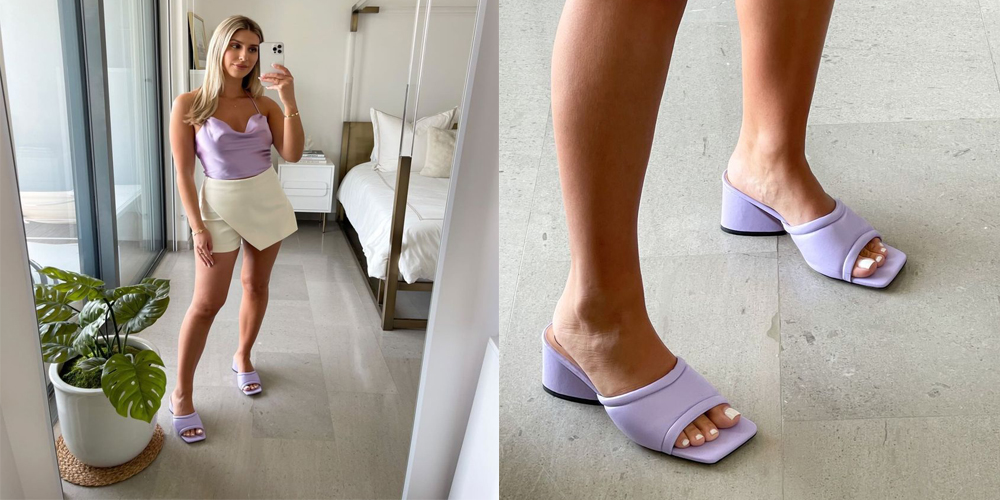 XY London Talliah Square Toe Sculptured Flared Mid-Block Heel Mules in Lilac Synthetic Leather