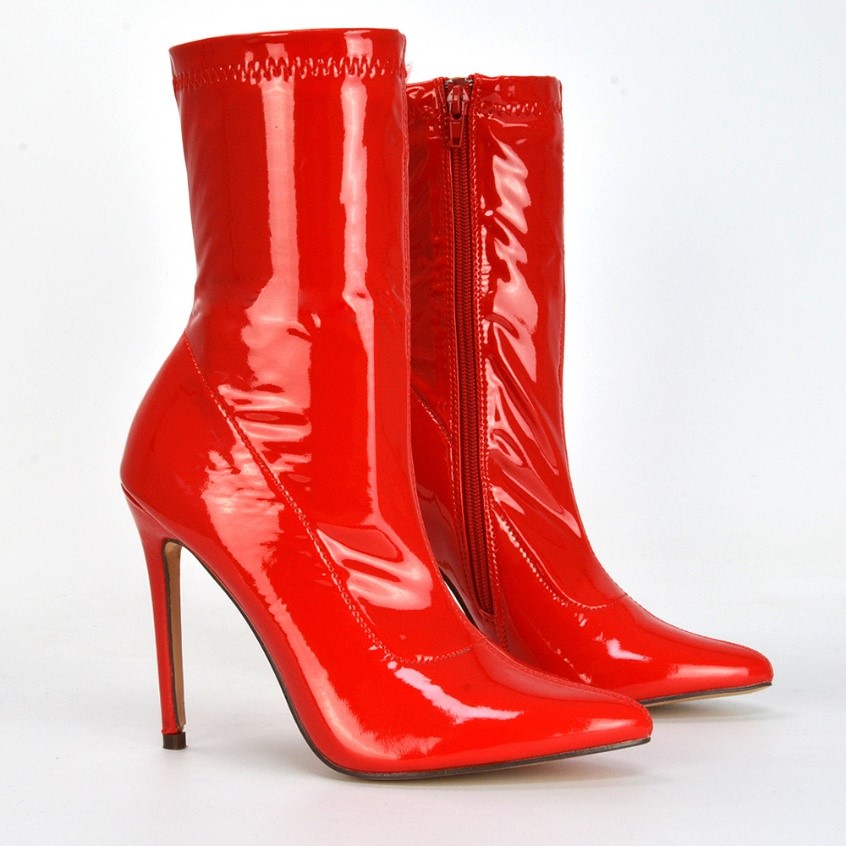 XY London Adele Pointed Toe Stiletto High Zip up Sock Ankle Boot Heels in Red Patent